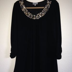 Glitter Scape Jewel Collared Blouse Black Sz Med